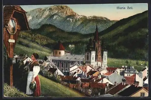 AK Maria Zell, Teilansicht mit Kirche und Dame in Tracht