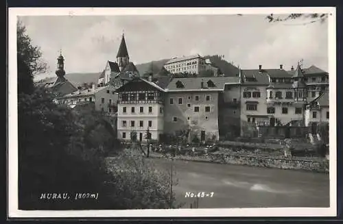 AK Murau, Uferpartie mit Blick zur Kirche