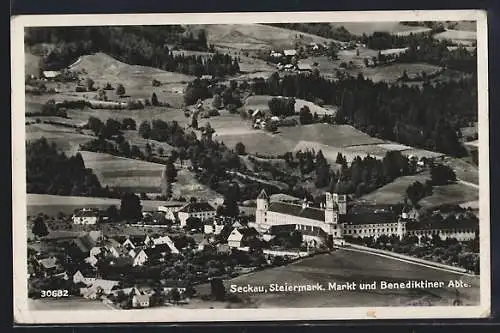 AK Seckau /Steiermark, Markt und Benediktiner-Abtei aus der Vogelschau