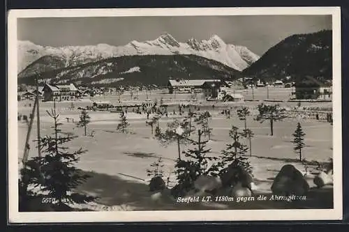 AK Seefeld i. T., Ortsansicht gegen die Ahrnspitzen im Winter