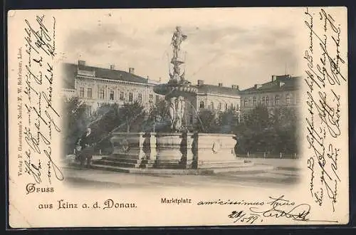 AK Linz a. d. Donau, Marktplatz, Partie mit Denkmal