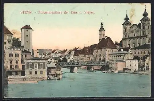 AK Steyr, Zusammenfluss der Ems und Steyer, Panorama