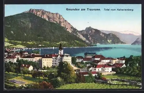 AK Gmunden, Totalansicht vom Kalvarienberg aus mit dem Traunsee