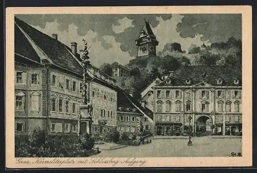 Künstler-AK Graz, Karmeliterplatz mit Schlossberg-Aufgang