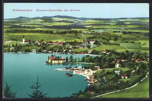 AK Kammer-Seewalchen am Attersee, Ortsansicht mit See und Umgebung aus der Vogelschau