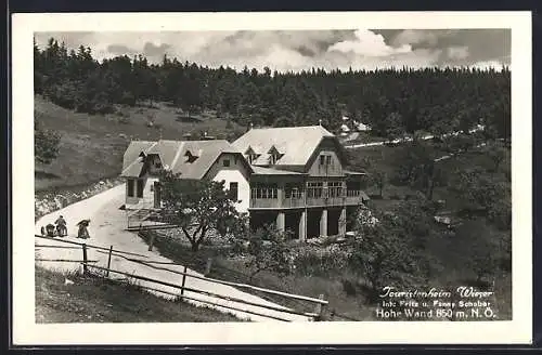 AK Hohe Wand /N. Ö., Touristenheim Wieser Fam. Schober mit Strasse aus der Vogelschau