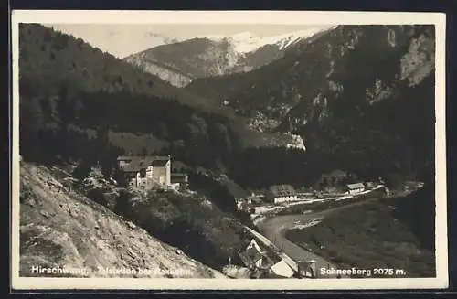 AK Hirschwang /Raxbahn, Ortsansicht mit Schneeberg aus der Vogelschau