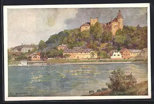 Künstler-AK Ottensheim, Ortspartie, Dampfer auf der Donau