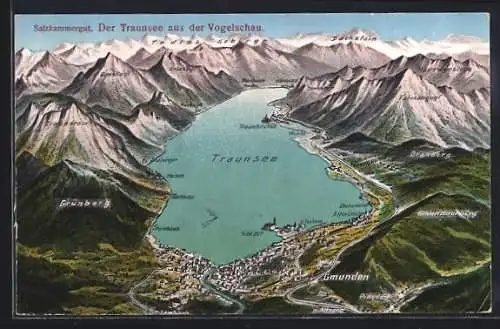 AK Gmunden, Der Traunsee aus der Vogelschau