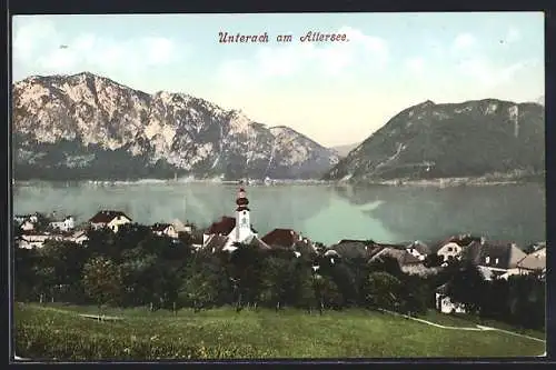 AK Unterach am Attersee, Ortsansicht gegen Höllengebirge