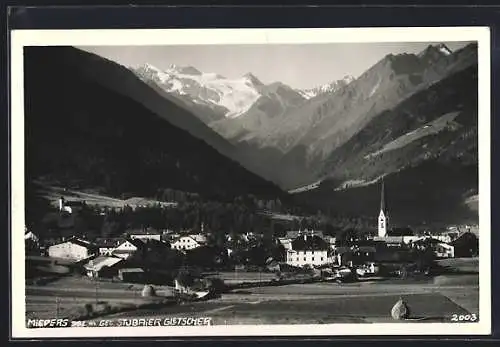 AK Mieders, Ortsansicht gegen den Stubaier Gletscher