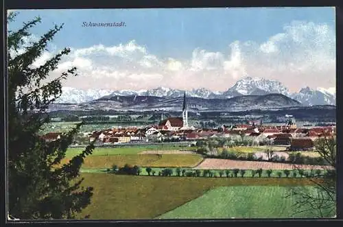 AK Schwanenstadt, Ortsansicht im Bergpanorama