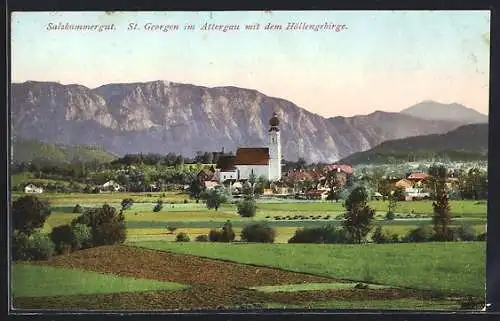 AK St. Georgen im Attergau, Ortsansicht mit dem Höllengebirge