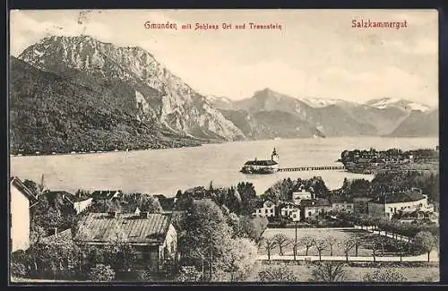 AK Gmunden /Salzkammergut, Ortsansicht mit Schloss Ort und Traunstein