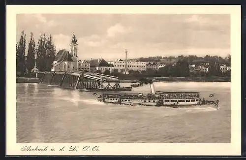 AK Aschach an der Donau, Uferpartie mit Kirche und Dampfer