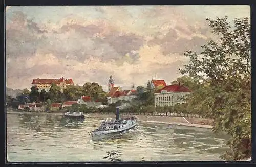 Künstler-AK Grein a. d. Donau, Strudengau, Dampfschiff vor der Uferpromenade