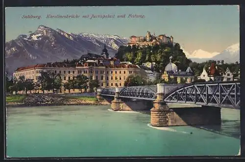 AK Salzburg, Karolinenbrücke mit Justizpalast und Festung