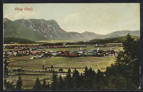 AK Wörgl, Ortsansicht mit Bergpanorama aus der Vogelschau