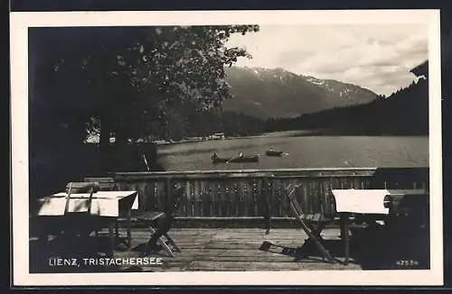 AK Lienz, Tristachersee mit Ziehtenkamm, von einer Gasthausterrasse gesehen