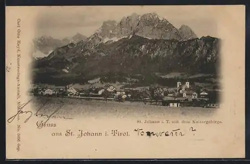 AK St. Johann, Gesamtansicht mit Kaisergebirge aus der Vogelschau