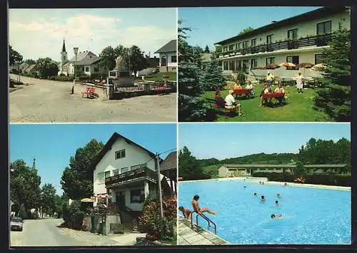 AK Wolfau /Bgld., Pension Moser, Kaufhaus Bischof und Freibad