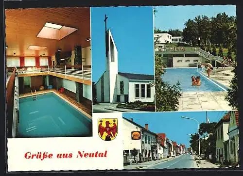 AK Neutal /Bgld., Strassenpartie mit Shell-Tankstelle, Schwimmbad und Kirche