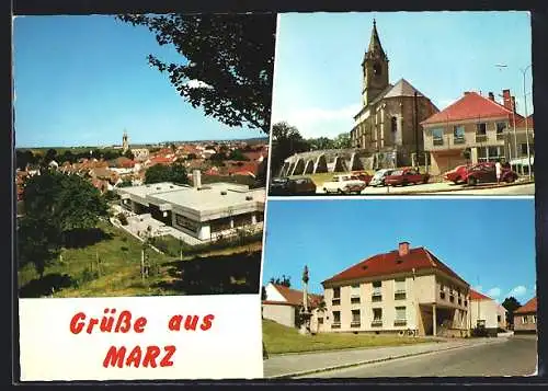 AK Marz /Burgenland, Kirche, Strassenpartie und Ortsansicht aus der Vogelschau