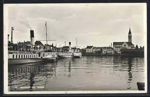 AK Romanshorn, der Hafen mit Dampfer und Kirche