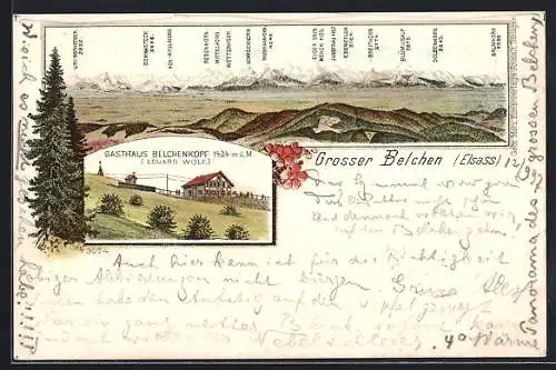 Lithographie Grosser Belchen, Bergpanorama, Gasthaus Belchenkopf von Eduard Wolf, Blumenverzierung