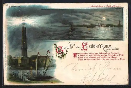 Lithographie Swinemünde, Leuchtturm in Betrieb