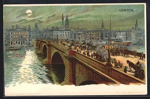 Lithographie London, Geschäftiges Treiben auf der Brücke bei Nacht