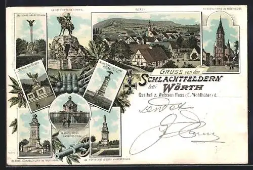 Lithographie Wörth, Ortsansicht von oben, Denkmäler der Schlacht, Geschütz