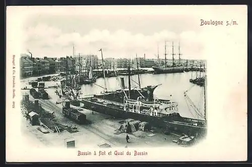 AK Boulogne, Bassin a flot et Quai du Bassin, Segelschiffe und Dampfer um 1900