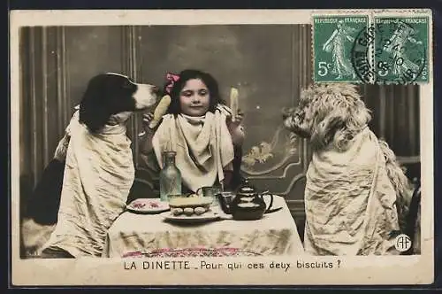 AK La Dinette, Pour qui ces deux biscuits, vermenschlichte Hunde am Tisch