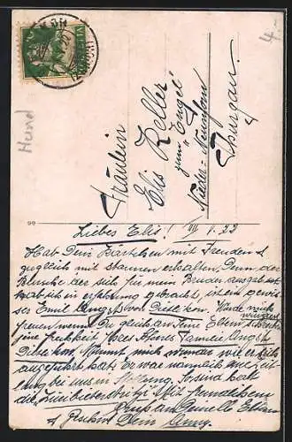 Künstler-AK Bernhardiner und Mädchen mit Bernhardiner-Welpe auf dem Arm