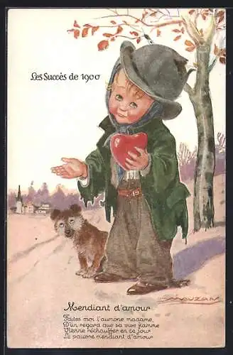 Künstler-AK Mauzan: Mendiant d`amour, Les Succes de 1900, Bettler mit Hund und einem Herz in der Hand