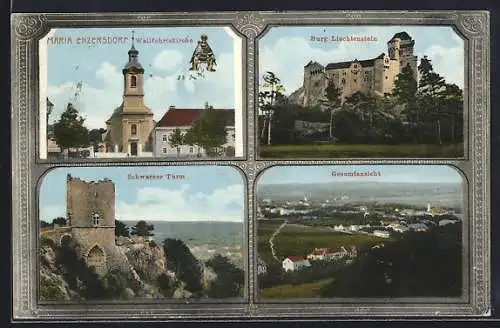 AK Maria Enzersdorf, Wallfahrtskirche, Burg Liechtenstein, Schwarzer Turm, Gesamtansicht