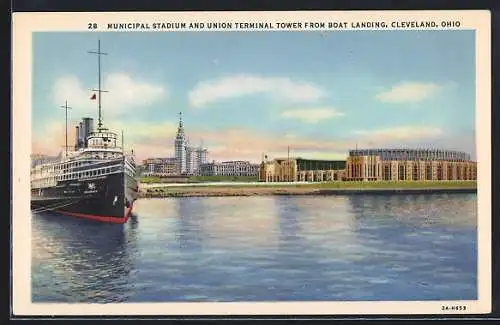 AK Cleveland, OH, Municipal Stadium and Union Terminal Tower from boat landing