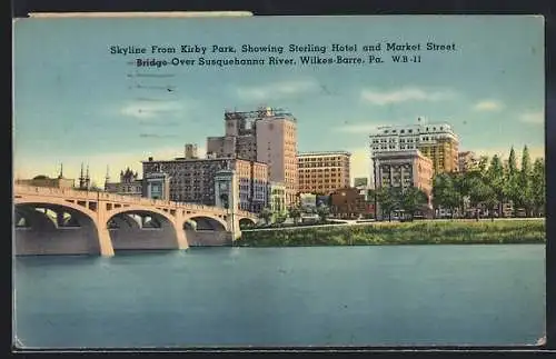 AK Wilkes-Barre, PA, Skyline from Kirby Park, showing Sterling Hotel and Market Street Bridge over Susquehanna River