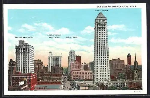 AK Minneapolis, MN, Skyline with Medical Arts Bldg., Northwestern Bank Bldg., Rand Tower, Foshay Tower