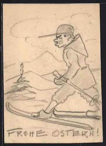 Künstler-AK Handgemalt, unsign. Franz Dworschak: Ostergrusskarte, Grimmiger Skifahrer