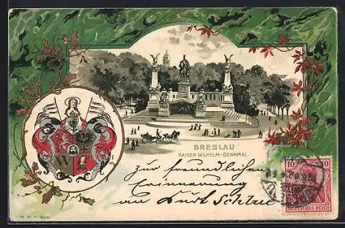 Passepartout-Lithographie Breslau, Kaiser Wilhelm Denkmal und Rahmen mit Wappen