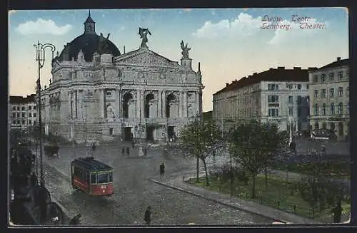 AK Lemberg, Theater mit Strassenbahn