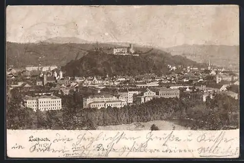 AK Laibach, Ortsansicht mit Bergen aus der Vogelschau