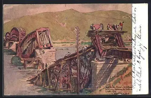 Künstler-AK Onon, Le pont à travers la riviére