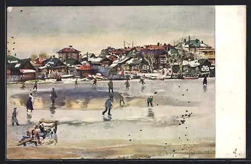 Künstler-AK Jekaterinbourg, Ortsansicht mit zugefrorenem See