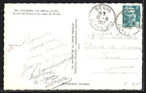 AK Valberg, Le Col du Poète et la route de Péone