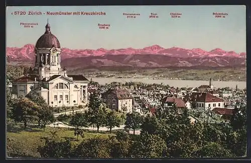 AK Zürich, Neumünster, Kreuzkirche mit Pfannenstock und Drusberg
