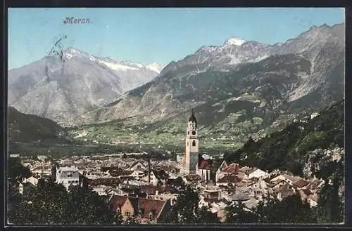AK Meran, Ortsansicht mit Bergpanorama