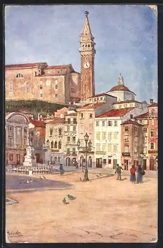 Künstler-AK Pirano, La piazza grande col monumento Tartim